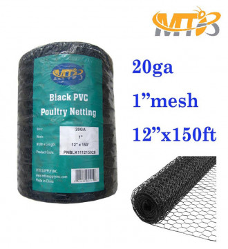 MTB PVC Hexagonal Poultry Netting Chicken Wire 12" x150' x 1" Mesh 20GA Black