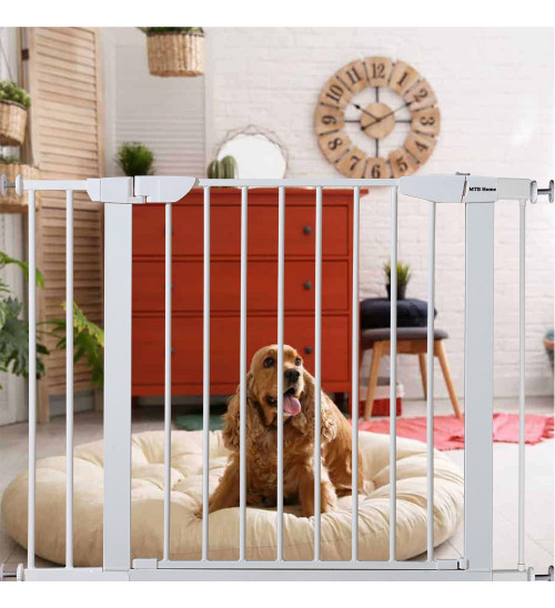 MTB Home Walk Thru Pet Gate, 34" to 37" Extendable Wide, Includes 5.5-Inch Extension Kit, 4 Pack Pressure Mount Kit, 4 Pack Wall Cups and Mounting Kit, White