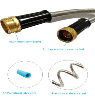 MTB 304 Stainless Steel Garden Hose 50-ft with Spray Nozzle and 3/4” Solid Aluminum Connectors, Metal Water Hose