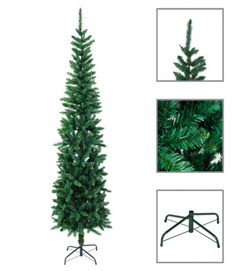 MTB 7.5 Feet Hinged Pencil Artificial Christmas Tree with Foldable Metal Stand, 600 Tips Recycled PVC Plastic, Green