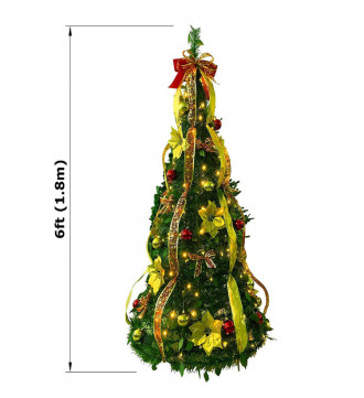 MTB Fully Decorated Pull-Up Christmas Tree, Pre-Lit 6 Feet, Red and Gold