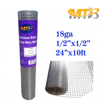 MTB SS304 Stainless Steel Welded Wire Mesh 24 inches x 10 feet- 1/2 inch x 1/2 inch Mesh 18GA(1.2mm)