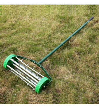 MTB Heavy Duty 18 Inch Aerator Roller Rolling Lawn Garden Spike Lawn Aerator Home Grass Steel Handle Green Quick and Easy to Assemble