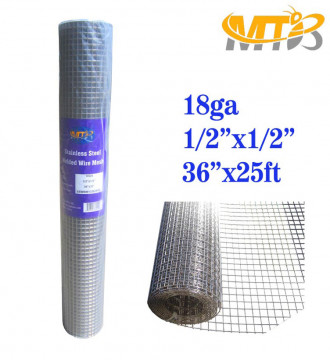 MTB SS304 Stainless Steel Welded Wire Mesh 36 inches x 25 feet- 1/2 inch x 1/2 inch Mesh 18GA(1.2mm)
