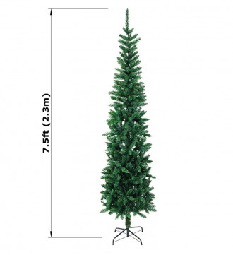 MTB 7.5 Feet Hinged Pencil Artificial Christmas Tree with Foldable Metal Stand, 600 Tips Recycled PVC Plastic, Green
