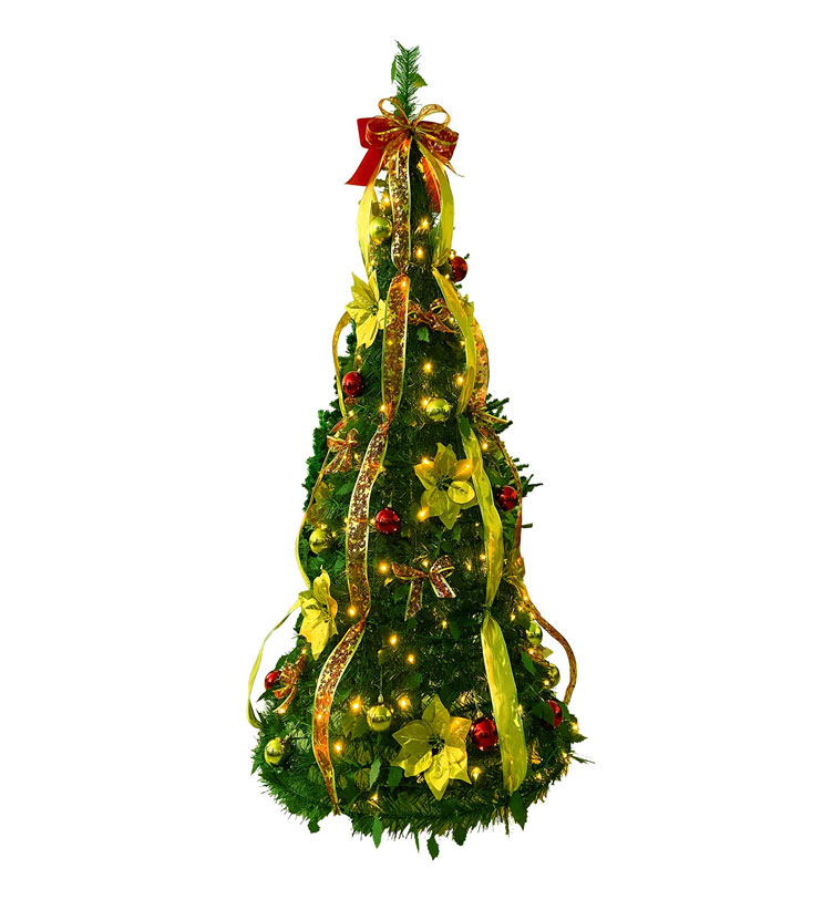 MTB Fully Decorated Pull-Up Christmas Tree, Pre-Lit 6 Feet, Red and Gold